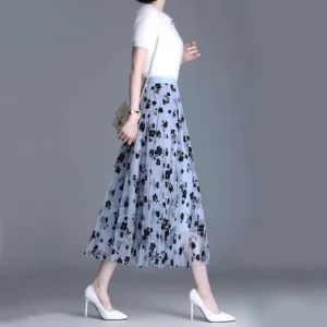 GIDYQ Korean Women Mesh Skirt Fashion Hook Flower Loose Midi Skirt Elegant Female Casual All Match Skirts Summer New - Image 7