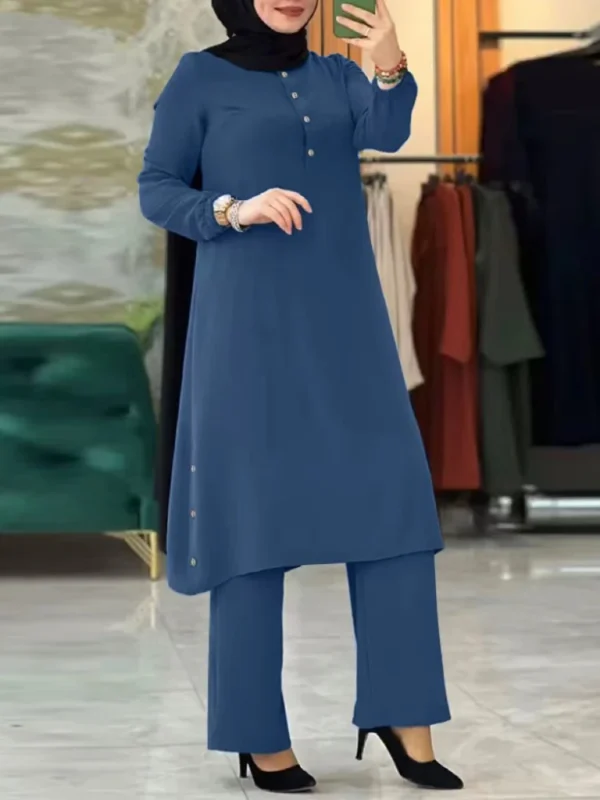 Arab Women Eid Muslim Two Pieces Set Blouse & Wide Leg Pant Musulman Ensemble Belt Single Button Shirt Ramadan Modest Clothing - Image 3