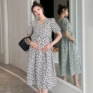 Loose Summer Maternity Wear Mid-length Dress Fashionable V-neck Flower Print Outdoor Summer Breastfeeding Clothes - Image 4