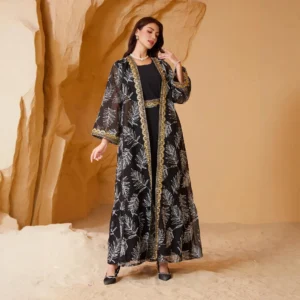 Gold embroidered mesh splicing two-piece set of Muslim women's top Arabic Dubai Summer Gurbang Festival Fashion Islamic Clothing - Image 5