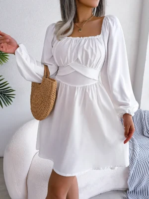 2023 Women Autumn Casual Long Sleeve Fit And Flare Dress Blue Red White - Image 6