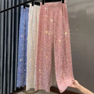 New Korean Velvet Sequined Wide-leg Pants Autumn and Winter Lengthened Slim Elastic High Waist Casual Party Straight Pants Shiny