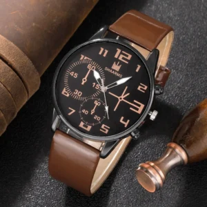 5PCS Set Fashion Mens Sports Bracelet Watches For Men Retro Big Dial Quartz Wrist Watch Classic Male Casual Brown Leather Watch - Image 4