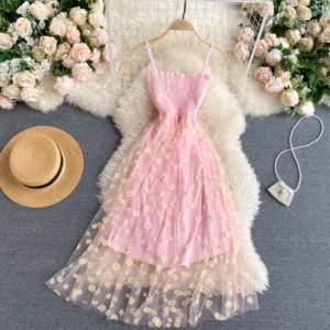 YuooMuoo Women Dress 2025 New Korean Fashion Floral Print Spaghetti Straps Mesh Party Dress Vacation Style Lady Beach Vestidos - Image 6