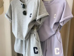 2 Pcs/Set Summer Women Tracksuit O Neck Letter Print Pure Color Short Sleeve T-shirt Drawstring Elastic Waist Shorts For Sport