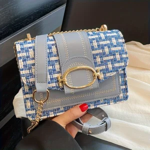 Chic Mini Plaid Tweed Crossbody Bag with Adjustable Strap, Fashionable Buckle Closure - Available in Cream, Green, Blue, Black - Image 6