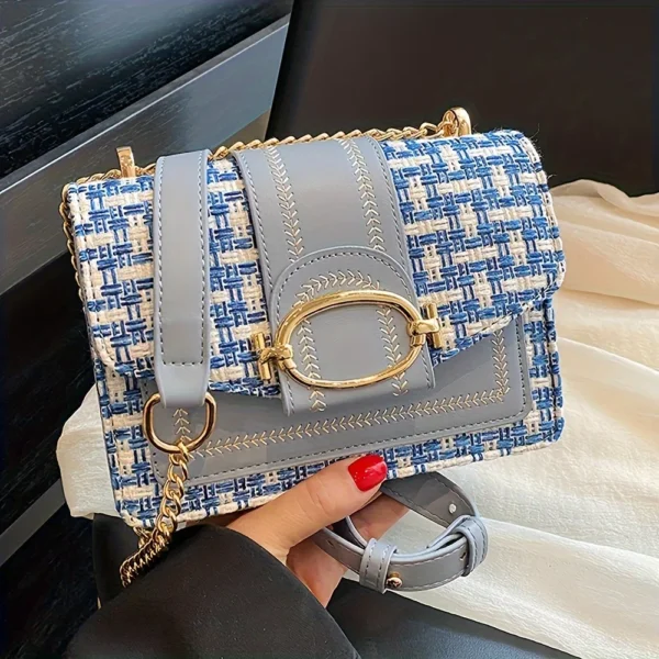 Chic Mini Plaid Tweed Crossbody Bag with Adjustable Strap, Fashionable Buckle Closure - Available in Cream, Green, Blue, Black - Image 6