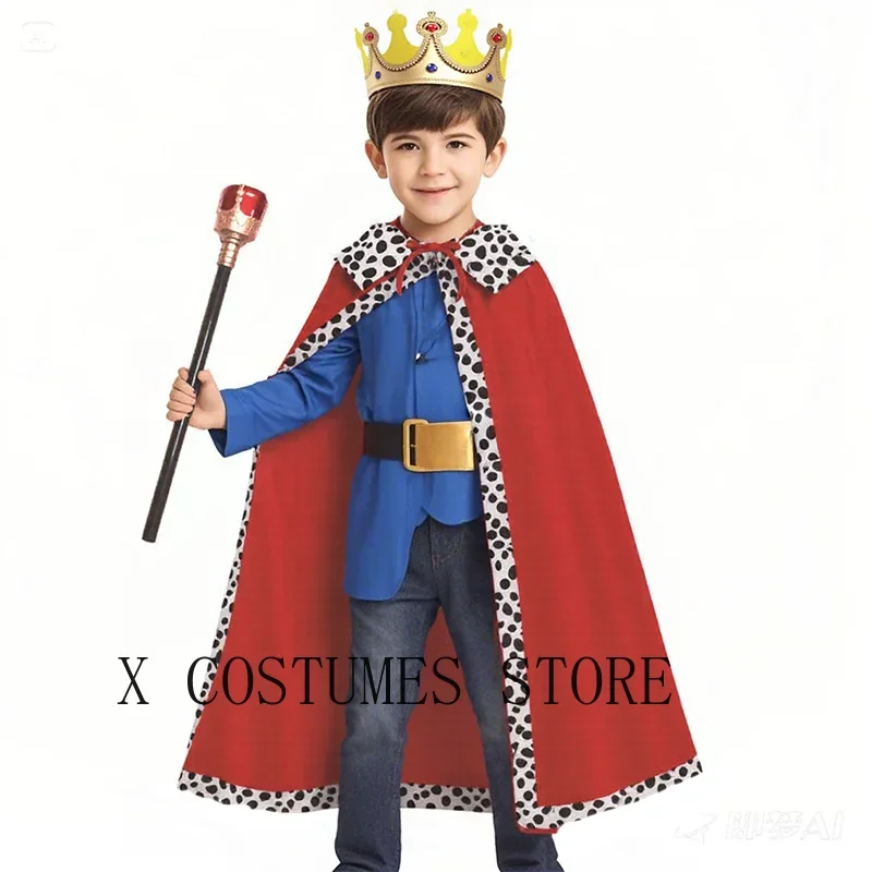 Boys King Cosplay Costumes Red Cloak Adult Kids Prince Robe Crown Velvet Cape Children Birthday Halloween Party Cosplay Costume