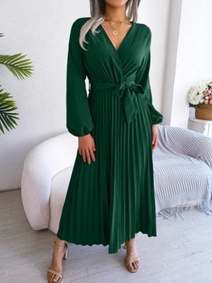 Women Elegant V Neck Long Sleeve Pleated Maxi Dress - Image 6