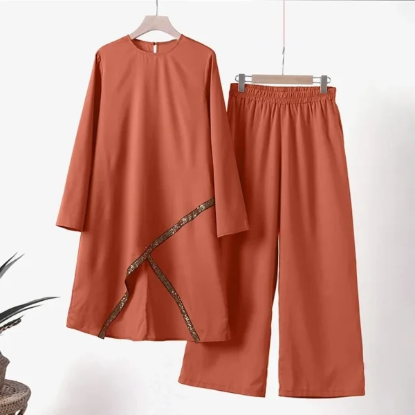 Women Eid Musulman Ensemble Muslim Sets Solid Blouses Wide Leg Pants Ramadan Morocco Two Pieces Dubai Kaftan Loose Modest - Image 7