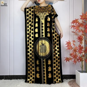 New Summer Short Sleeve Robe Cotton Loose Lady Dress With Big Scarf Gold Stamping Boubou Maxi Islam Women African Abaya Clothing - Image 5
