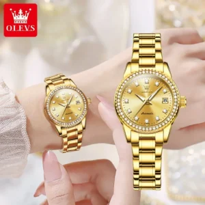 OLEVS Automatic Mechanical Watch for Women Diamond Calendar Dial Stainless Steel Waterproof Luminous Elegant Women's Wristwatch - Image 4