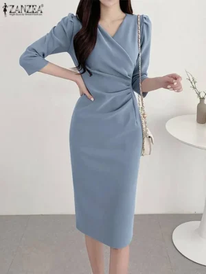 ZANZEA Summer Fashion Womens Dress Sexy Solid Color Knee Length Bodycon Sundress Elegant 3/4 Sleeve V-Neck Work OL Vestidos 2025 - Image 3