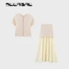 DEEABAE 2025 Spring New Round Neck Buckle Decoration Gentle and Versatile Short Sleeve Knitted Cardigan Half Skirt Set