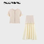 DEEABAE 2025 Spring New Round Neck Buckle Decoration Gentle and Versatile Short Sleeve Knitted Cardigan Half Skirt Set