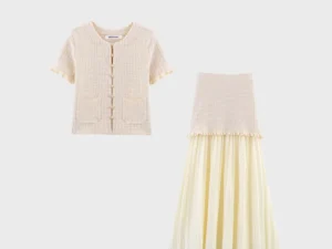 DEEABAE 2025 Spring New Round Neck Buckle Decoration Gentle and Versatile Short Sleeve Knitted Cardigan Half Skirt Set