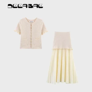 DEEABAE 2025 Spring New Round Neck Buckle Decoration Gentle and Versatile Short Sleeve Knitted Cardigan Half Skirt Set