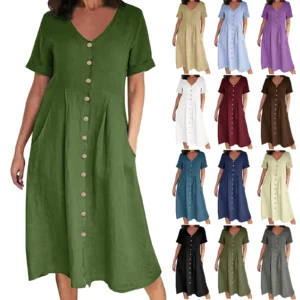 Women Button Blouse Dress Summer Female V Neck Short Sleeve Solid Color Cotton Linen Beachwear Holiday Loose Party Dresses - Image 3