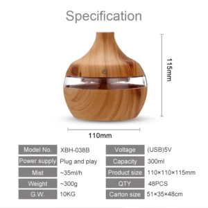 Humidifier Electric Aroma Air Diffuser Wood Ultrasonic Air Humidifier Essential Oil Aromatherapy Cool Mist Maker For Home 300ml - Image 6