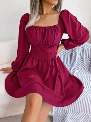2023 Women Autumn Casual Long Sleeve Fit And Flare Dress Blue Red White - Image 3