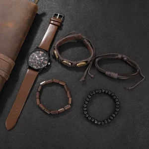 5PCS Set Fashion Mens Sports Bracelet Watches For Men Retro Big Dial Quartz Wrist Watch Classic Male Casual Brown Leather Watch - Image 3