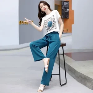 Fashionable Women's Summer Outfit 2023 Korean Style Short Sleeve Top And Wide Leg Pants Casual Two Piece Set Elegant Leisure - Image 3