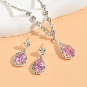 BLIJERY Elegant Waterdrop Style Jewelry Sets for Women Pink Crystal Necklace Earrings Bridal Wedding Party Jewelry Sets - Image 3