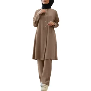 Muslim 2 Piece Set Women Casual Blouse Single Breasted Top Wide Leg Pants Suit Morocco Dubai Trousers Outfits Arab Ensemble - Image 5