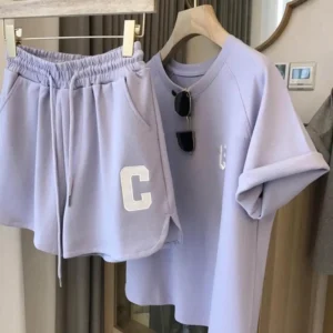 2 Pcs/Set Summer Women Tracksuit O Neck Letter Print Pure Color Short Sleeve T-shirt Drawstring Elastic Waist Shorts For Sport - Image 6