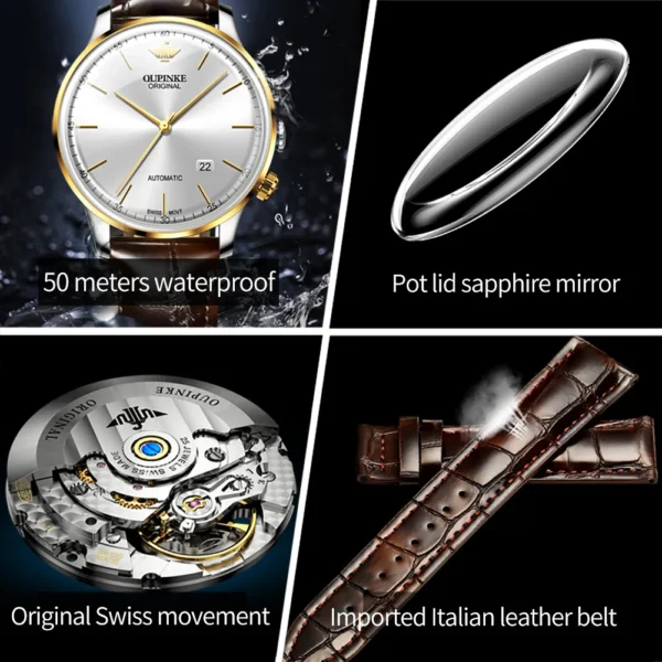 OUPINKE 3269 Swiss Automatic Man Watch Genuine Leather Strap Ultra Thin 7.33 Mechanical Watch High Quality Luxury Men's Watches - Image 6