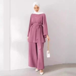 Eid Muslim Two Piece Set Islam Women Lace Up Shirt Wide Leg Pants Suits Ramadan Turkey Outfits Modest Morocco Abayas Ensembles - Image 4