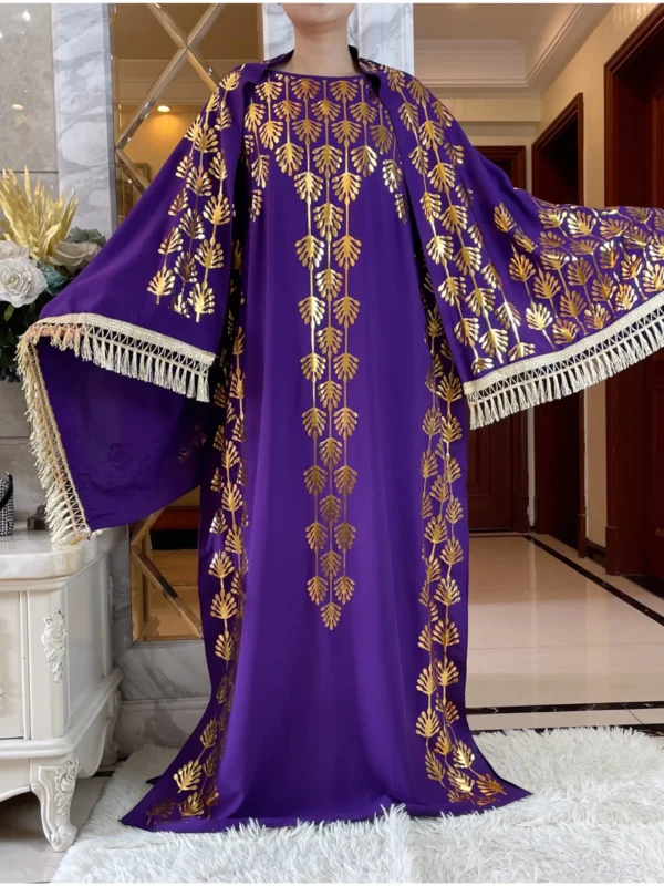 Dubai New Abaya For Women Summer Short Sleeve Cotton Dress Gold Stamping Loose Lady Maxi Islam African Dress With Big Scarf - Image 5