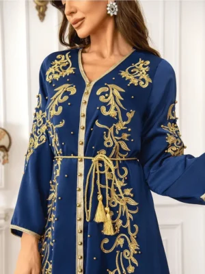 Eid Muslim Dress for Women Abaya Beading V Neck Lace-up Jalabiya Party Dresses Kaftan Vestidos Largos Long Robe Arab Dubai 2024 - Image 6