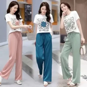 Fashionable Women's Summer Outfit 2023 Korean Style Short Sleeve Top And Wide Leg Pants Casual Two Piece Set Elegant Leisure
