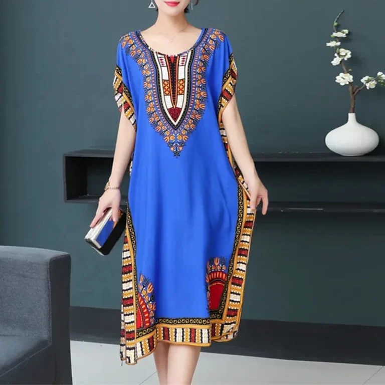 Casual Elegant Bohemian Printed Ethnic Style Retro Floral Woman Summer Street Wear Batwing Sleeve Loose Tunic Maternity Dress - Image 4