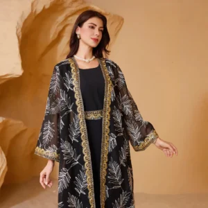 Gold embroidered mesh splicing two-piece set of Muslim women's top Arabic Dubai Summer Gurbang Festival Fashion Islamic Clothing - Image 6