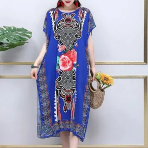 Casual Elegant Bohemian Printed Ethnic Style Retro Floral Woman Summer Street Wear Batwing Sleeve Loose Tunic Maternity Dress - Image 6