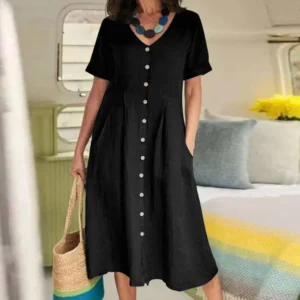 Women Button Blouse Dress Summer Female V Neck Short Sleeve Solid Color Cotton Linen Beachwear Holiday Loose Party Dresses - Image 4