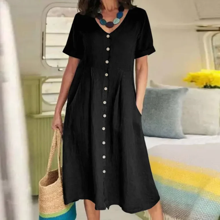 Women Button Blouse Dress Summer Female V Neck Short Sleeve Solid Color Cotton Linen Beachwear Holiday Loose Party Dresses - Image 4