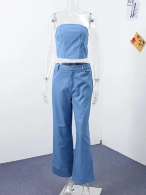 Women's Sparkling Rhinestone Denim Set Corset Shaping Crop Top Matching Slim Fit Jeans Party Clubwear Nightclub Cowgirl Style - Image 3