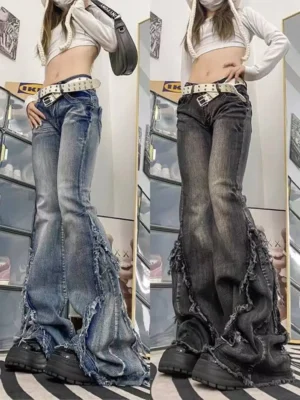 2025 Lace Up Flare Jeans Retro Stitch Lace Whiskers Slim Low Rise Split Bootcut Pants Women Bottoms Streetwear Chic - Image 7