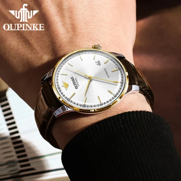 OUPINKE 3269 Swiss Automatic Man Watch Genuine Leather Strap Ultra Thin 7.33 Mechanical Watch High Quality Luxury Men's Watches - Image 5