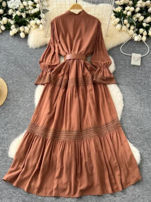 Ele Lace Trim A-Line Dr Women's Autumn Faion Retro Stand Collar Waist-Cinching Single Button Flared Long Skirt - Image 4
