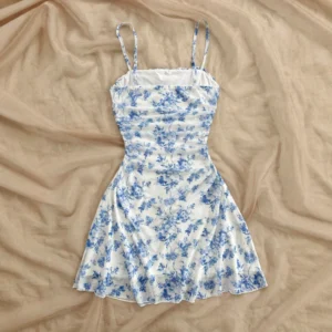 Mia Muse Dresses Summer Casual Floral Print Sleeveless Square Neck Folds Mini Daily Cami Dresses For Women - Image 4