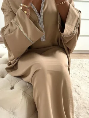 Eid Muslim Long Dress Women Bat Sleeve Caftan Abaya Satin Robe Diamond Party Abayas Ramadan V Neck Kaftan Caftan Jalabiya 2023 - Image 7