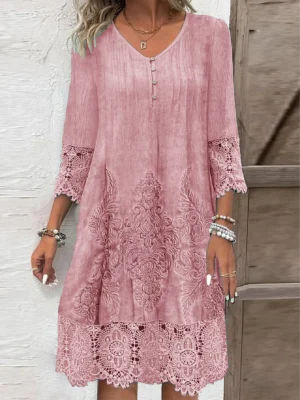 Button V-neck Short Sleeved Lace Printed Women's Dress Elegant Casual Fashionable High Street Spring Dresses - Image 5