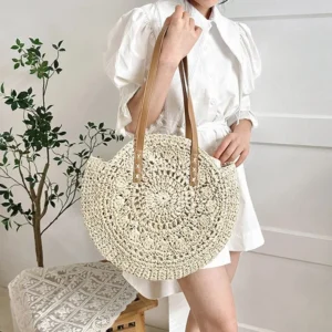 Summer Round Straw Women Vacation Woven Beach Shoulder Bag Large Capacity Hollow Out Simple Tote Bag - Image 3