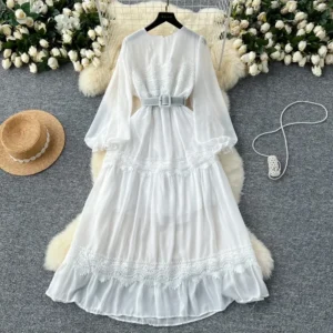 Women's Autumn Waist Sweet Clothing French Vintage O Neck Hollow Out Lace Patchwork Long Lantern Sleeves Korean Fashion Dresses - Image 3