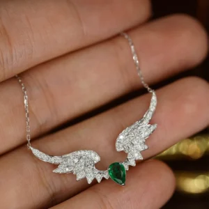 Aazuo Real 18K Solid White Gold Jewelry Natural Emerald Real Diamonds Double Wings Shpae Necklace With Chain Gifted For Women - Image 6