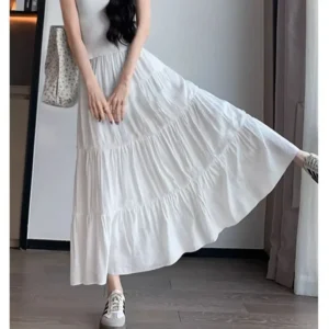 Summer New Women's Solid Color A- Line Midi Skirt Umbrella Skirt Long Cake Skirt Small Size Fashionable And Elegant